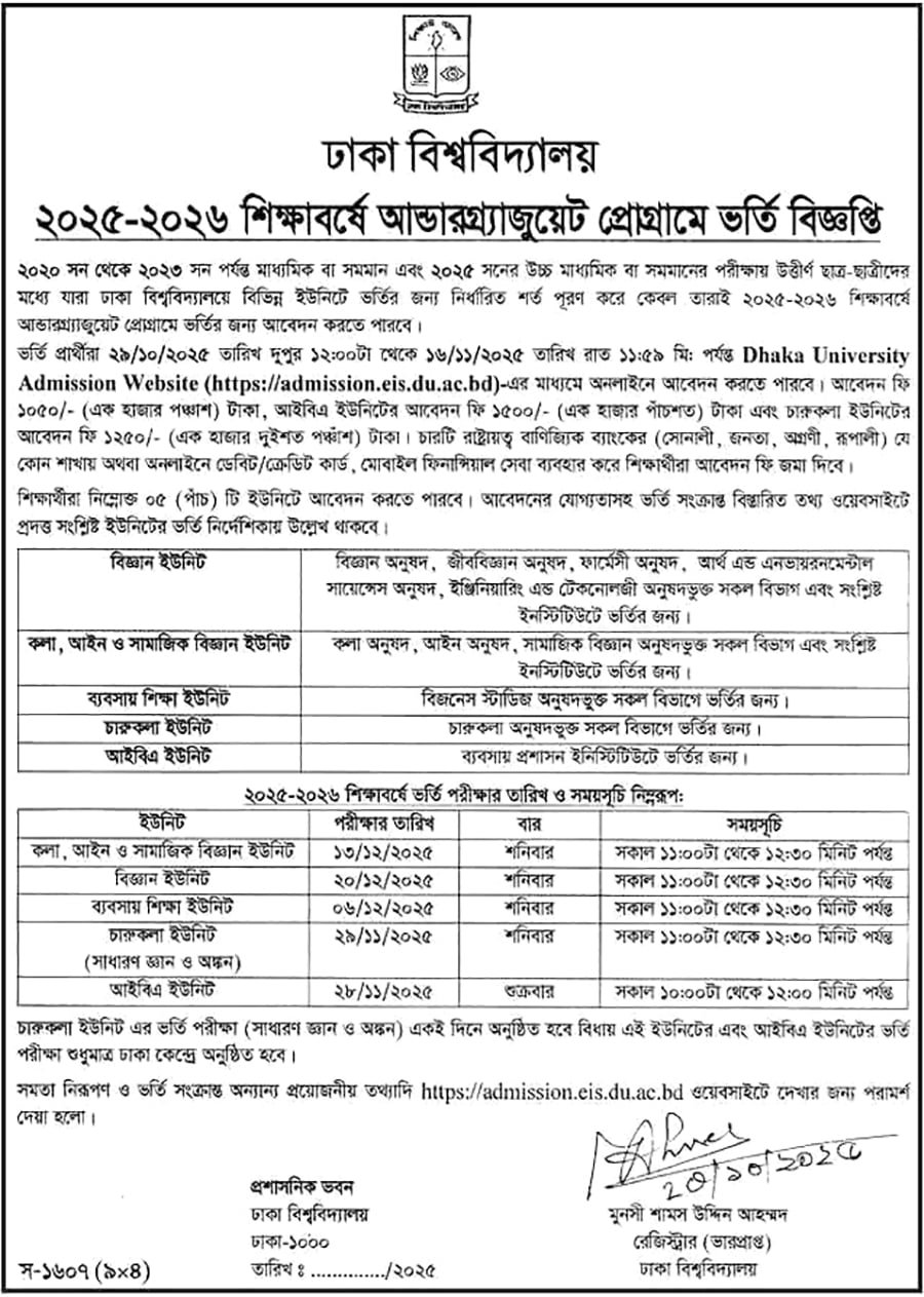 Dhaka University Admission Circular