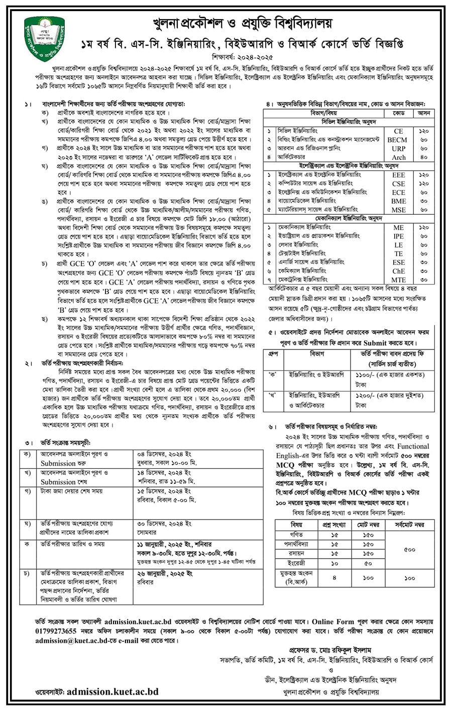 kuet admission circular