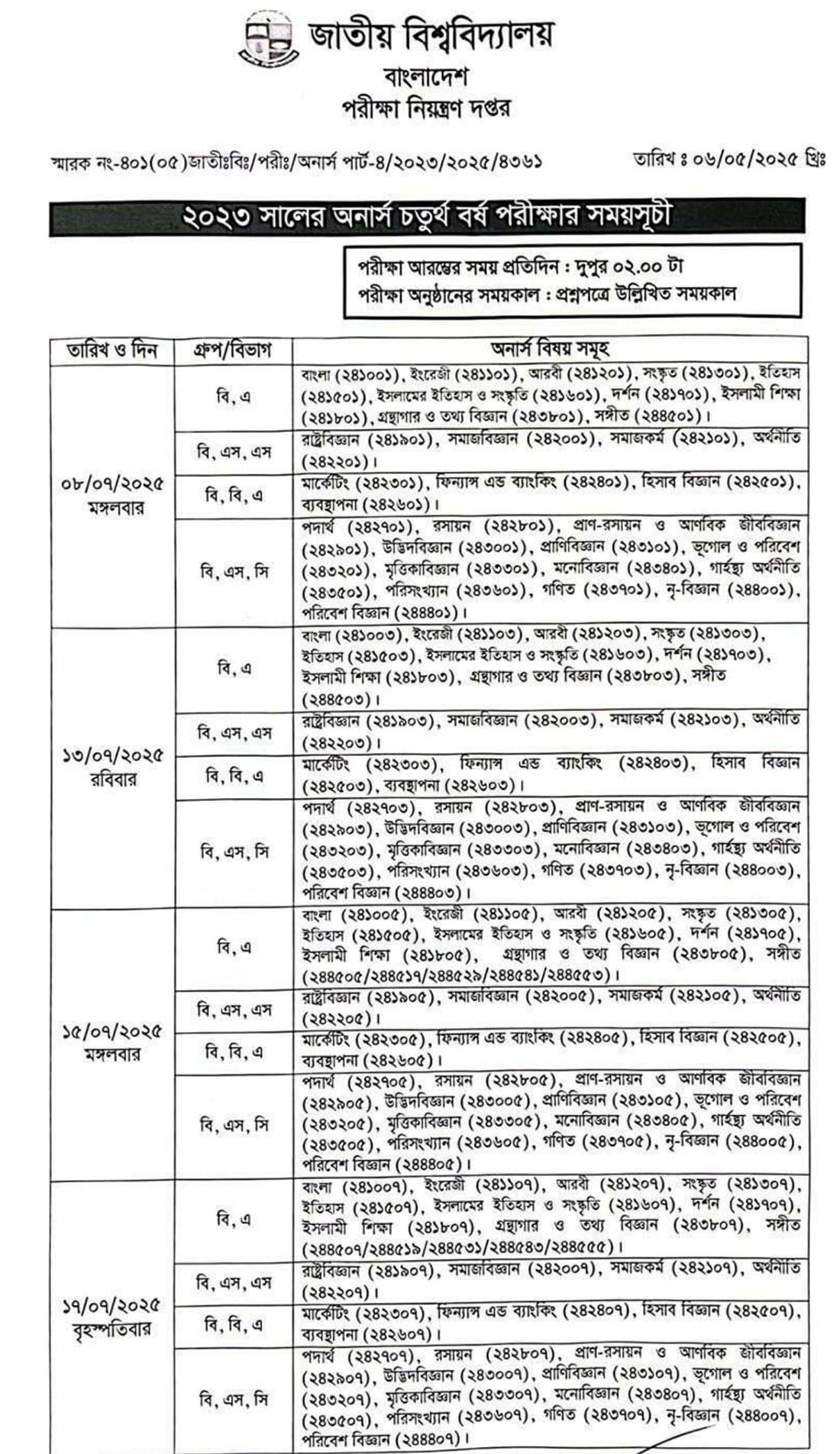 NU Honours 4th Year Routine